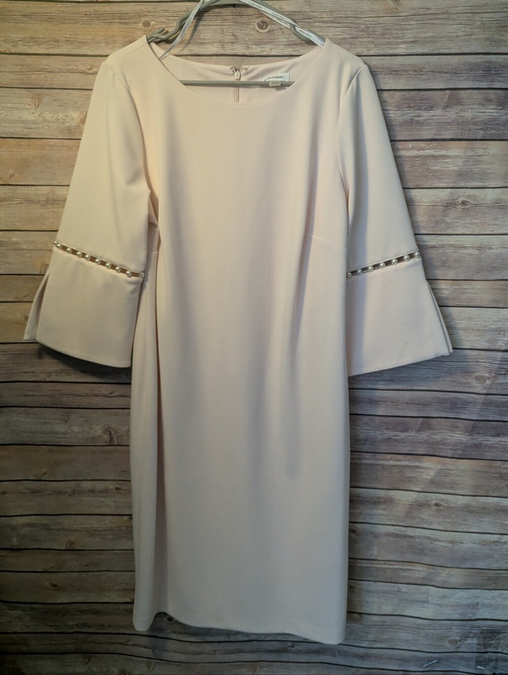 Calvin Klein Womens 14W Blush Pink Sheath Dress Pearl Trim Bell Sleeve Plus Size - Picture 3 of 5